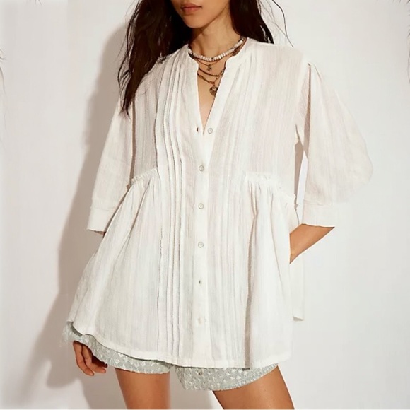 Free People We The Free  Willow Button Down Oversized Cotton XS Ivory NWT $148 - Picture 3 of 12